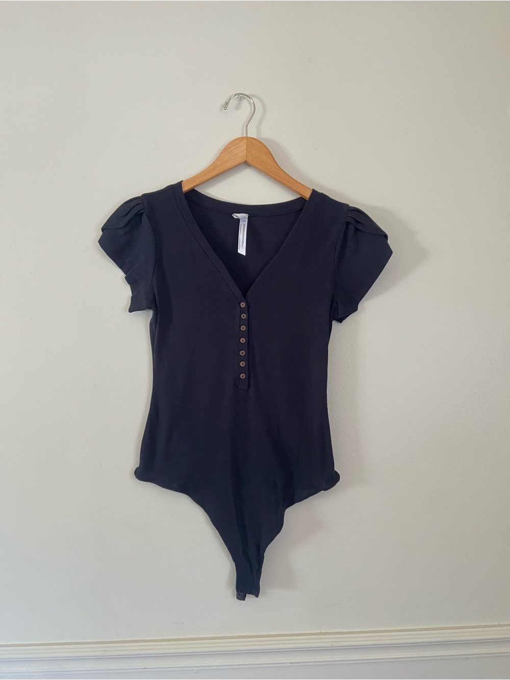 Free People Black V-Neck Bodysuit with Button Front